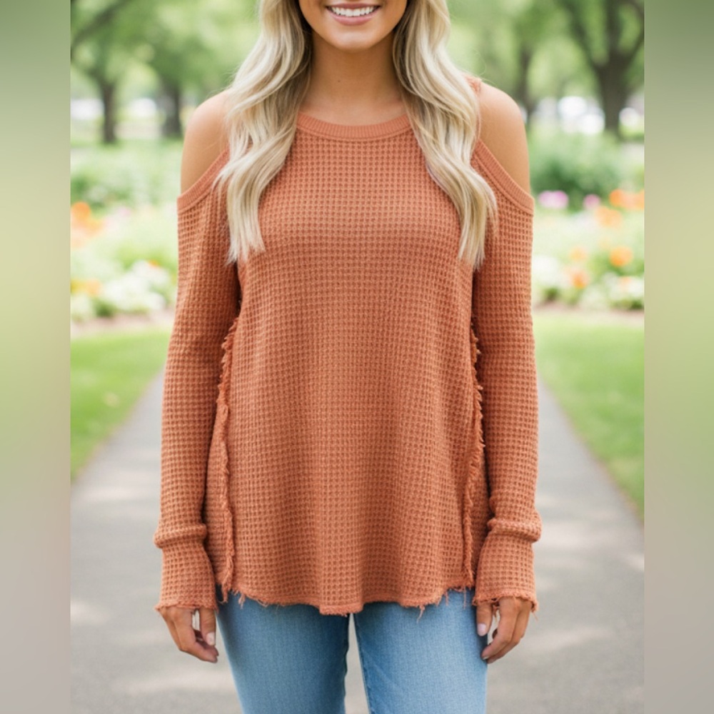 Free People Salmon Pink / Orange Waffle Knit Pullover Sweater Size Medium